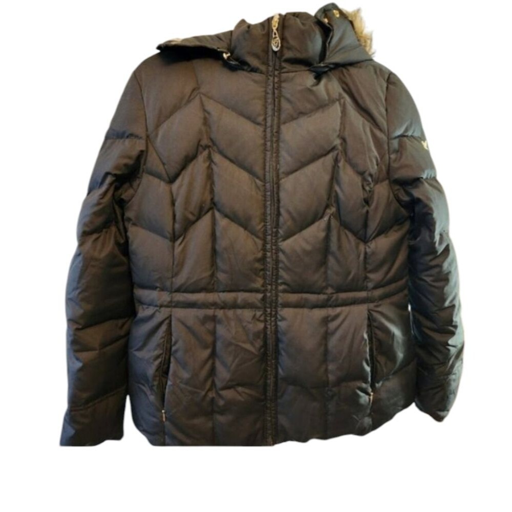 GUESS PUFFER JACKET, SIZE LARGE, BLACK, WITH GOLD BRANDING, REMOVABLE HOOD,
